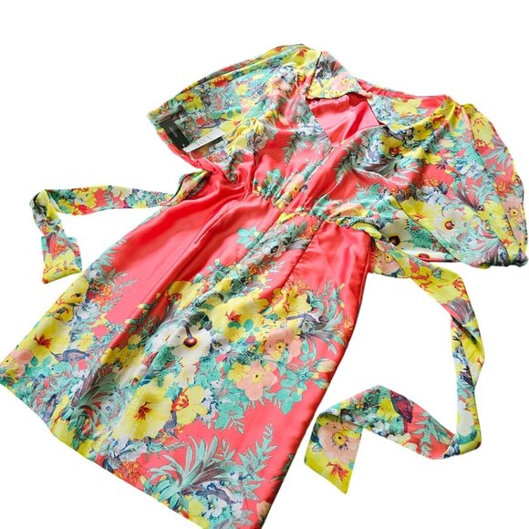 NWT Bisou Bisou Satin Mini Dress Cape Sleeves & Waist Tie Open shoulders sz 4 - Picture 2 of 13